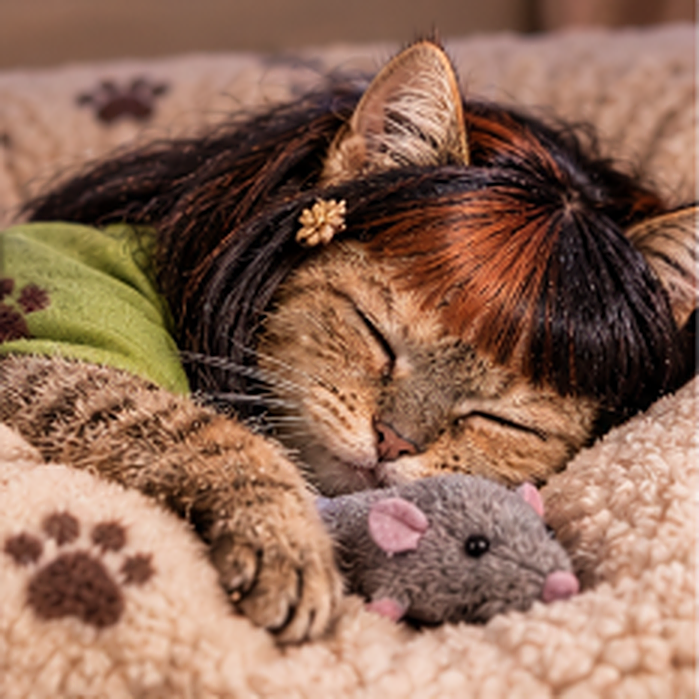 Clawdia asleep in a paw-print bed, holding a toy mouse