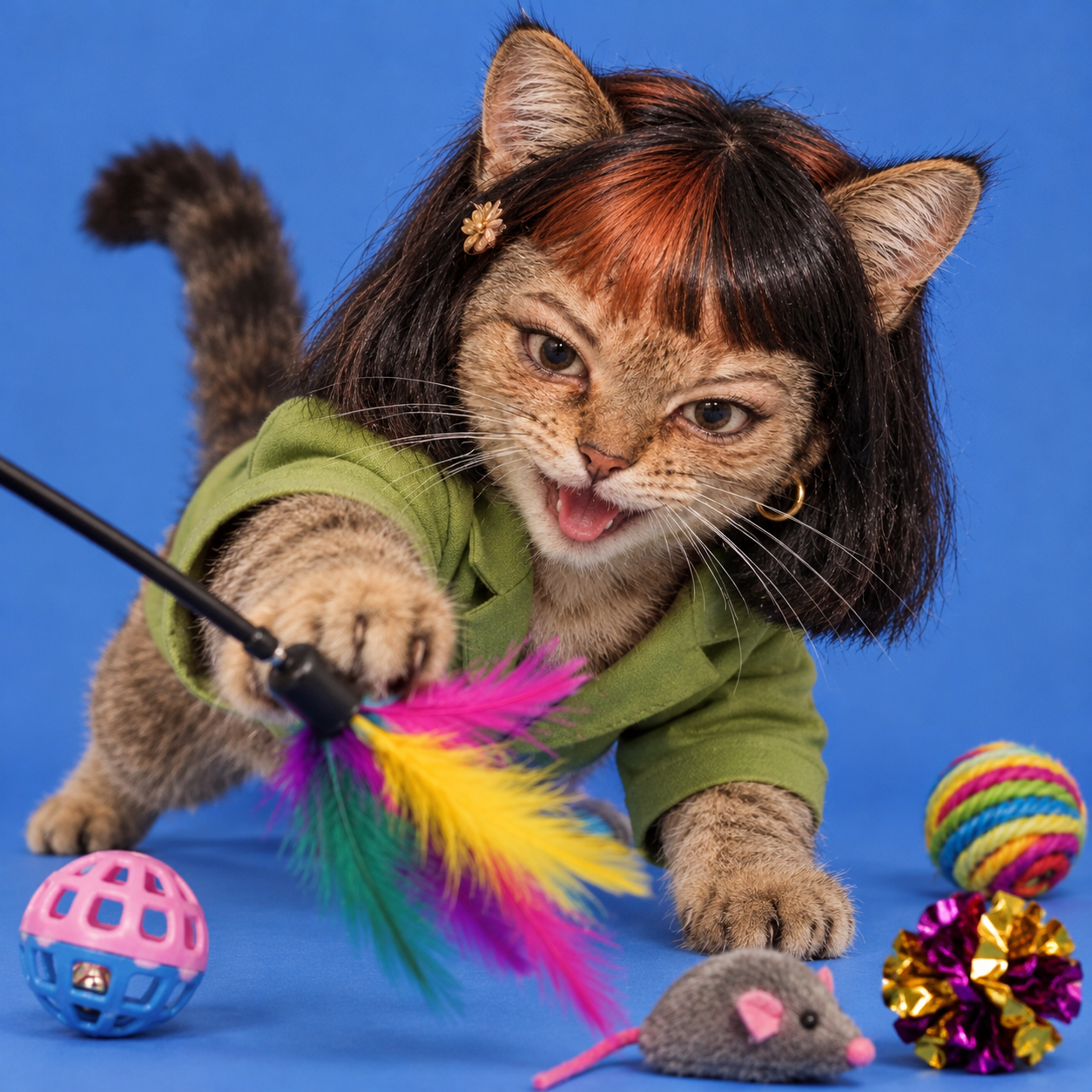 Clawdia swatting at a feather toy on a blue studio backdrop
