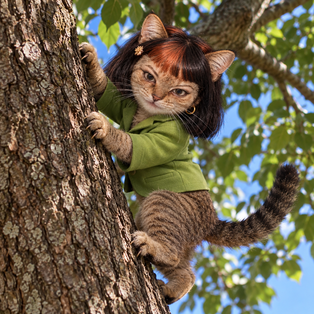 Clawdia climbing a tree trunk, looking at the camera